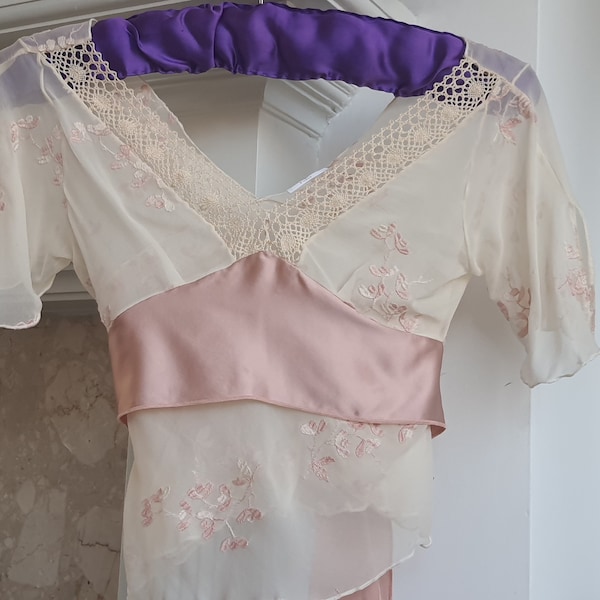 1930s inspired  Georgette Silk  Floral Embroidery  Crop Tie Back Top -  XS