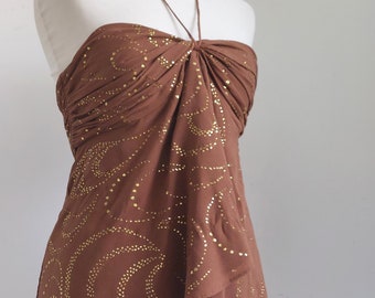 000s CELINE Paris Crepe Silk  Metal  Mukaish Gold Embroidery Ruched  Halter Top - Fr38 / Small