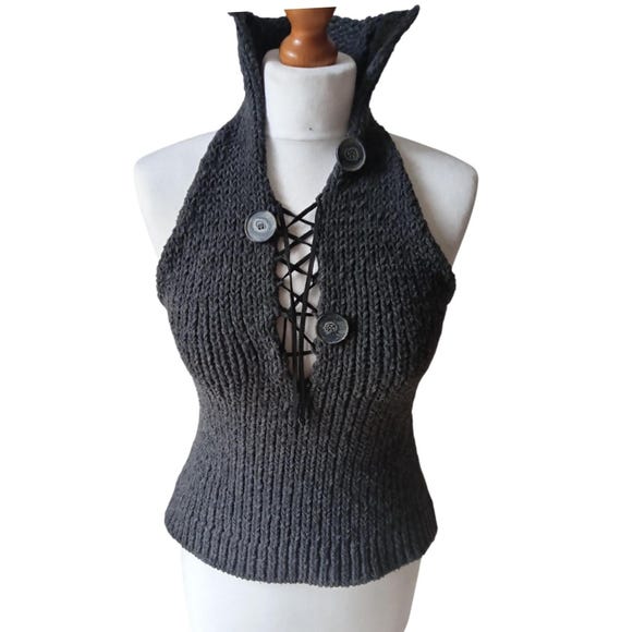Gianfranco Ferré, 90s GFF GianFrancoFerre Bare Shoulder Sleeveless Lace Up Knit Top S