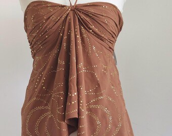 Y2K CELINE Crepe Silk  Metal  Mukaish Gold Embroidery Ruched  Halter Top - Fr38 / Small