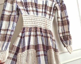 70s Boho Priarie  Seersucker Cotton  Check Pattern  Crochet Trim Maxi Dress XXS-XS