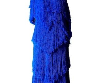 Vestido de punto azul cobalto de los años 90 con flecos escalonados, tejido a mano, talla M-L