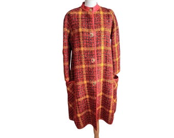 60s Bonnie Cashin for Sills Red Orange Palid Tweed Swing  Pocket Coat