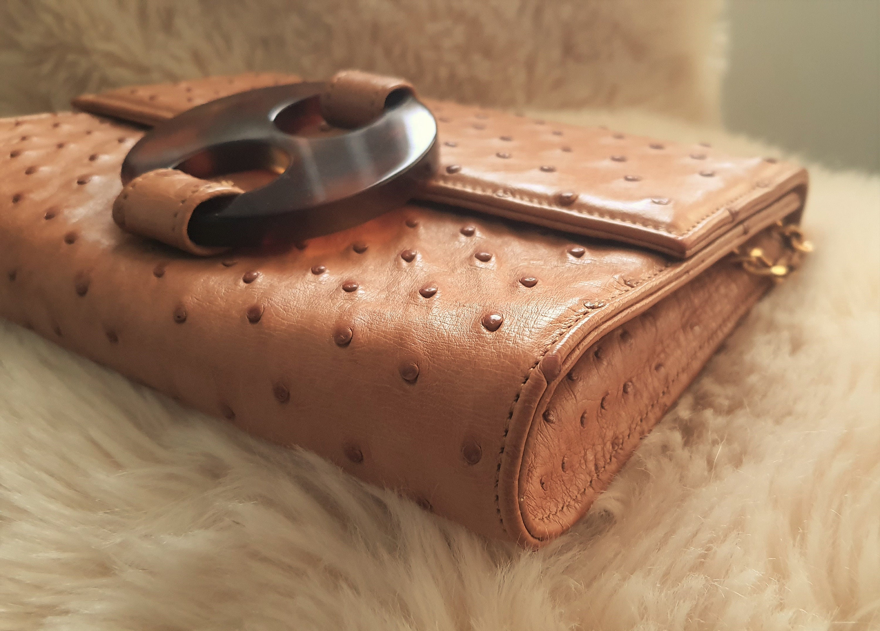 90s Genuine Ostrich Small Shoulder Clutch Bag With Chain Strap 