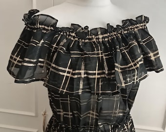 1970s Black Gold Metallic Plaid Bardot Maxi Dress – Bohemian Evening Gown