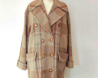 Abrigo corto extragrande de lana a cuadros de los años 90 (talla S)