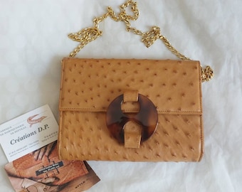 Bolso de hombro pequeño de avestruz auténtico de los años 90 con correa de cadena - Fabricado en Francia