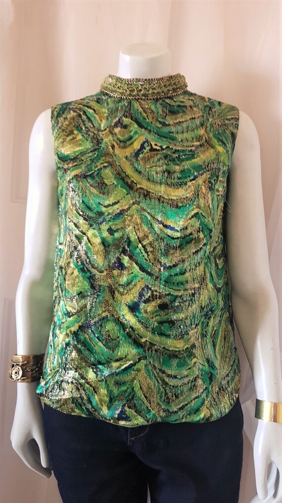 60s Swirly Print Green Gold Brocade Metallic Sta