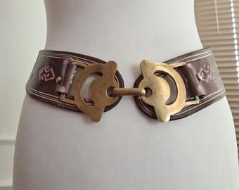 70s Leather Tooled  Hand painted Wide Belt with Interlocking Brass Buckle