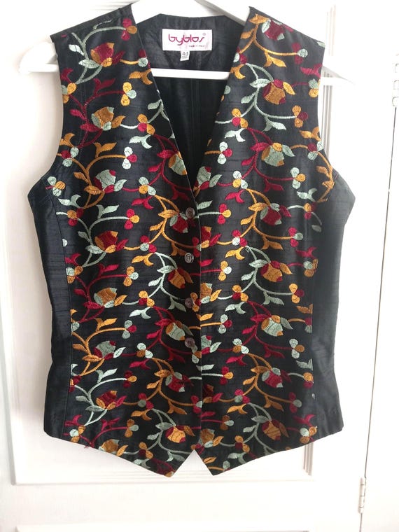 Byblos, 80s BYBLOS Floral Embroidered Silk Buttoned Waistcoat Vest - Bust 36"