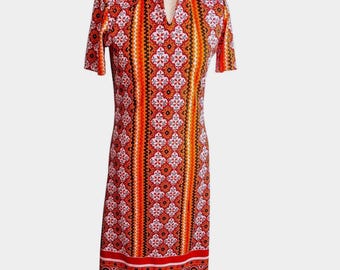 60s, 70s Italian Mosiac Print Collared Polo Midi  Dress
