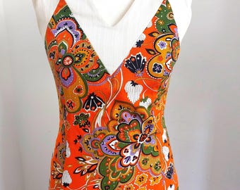 70s Batik Floral Summer Maxi Dress  Uk10, Us6