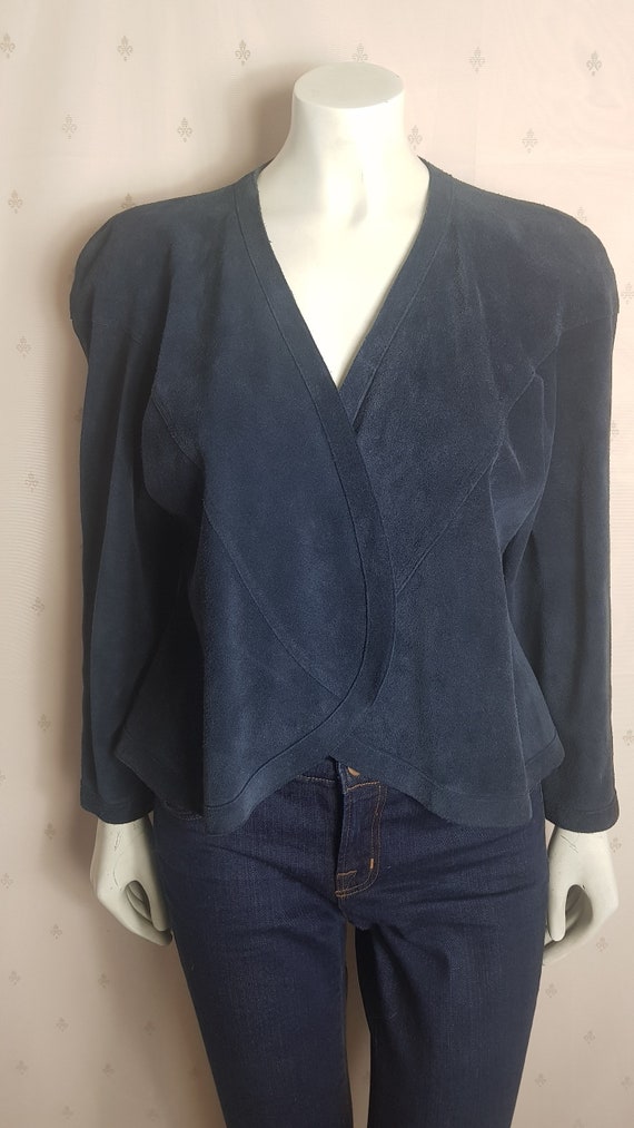 JEAN MUIR Blue Suede Drape Front Jacket - chest