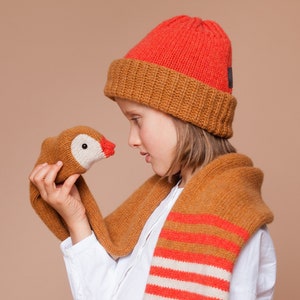 knitted duck scarf with red stripes