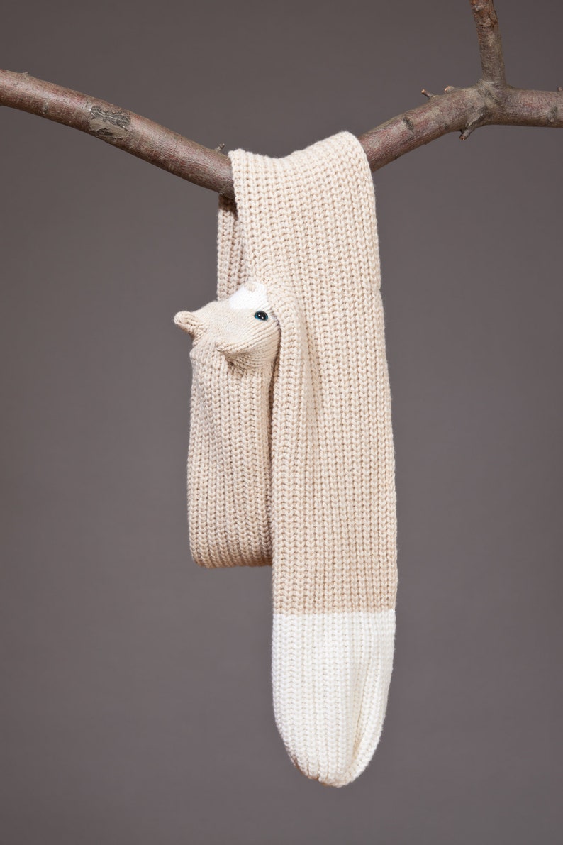 Cat Scarf Chunky Knit Scarf Featuring White and Beige image 3