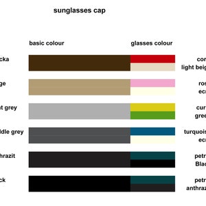 Pu&ograve; includere: Un grafico che mostra diverse combinazioni di colori per occhiali da sole e cappelli. Il grafico mostra sei diversi colori di base per il cappello: moka, beige, grigio chiaro, grigio medio, antracite e nero. Ogni colore di base &egrave; abbinato a una diversa combinazione di colori per gli occhiali da sole. Le combinazioni di colori degli occhiali da sole includono: corallo e beige chiaro, rosa ed ecr&ugrave;, curry e verde, turchese ed ecr&ugrave;, petrolio e nero, e petrolio e antracite.