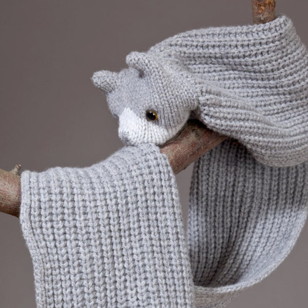 Bufanda de gato en gris, bufanda de punto de lana merino y cachemira