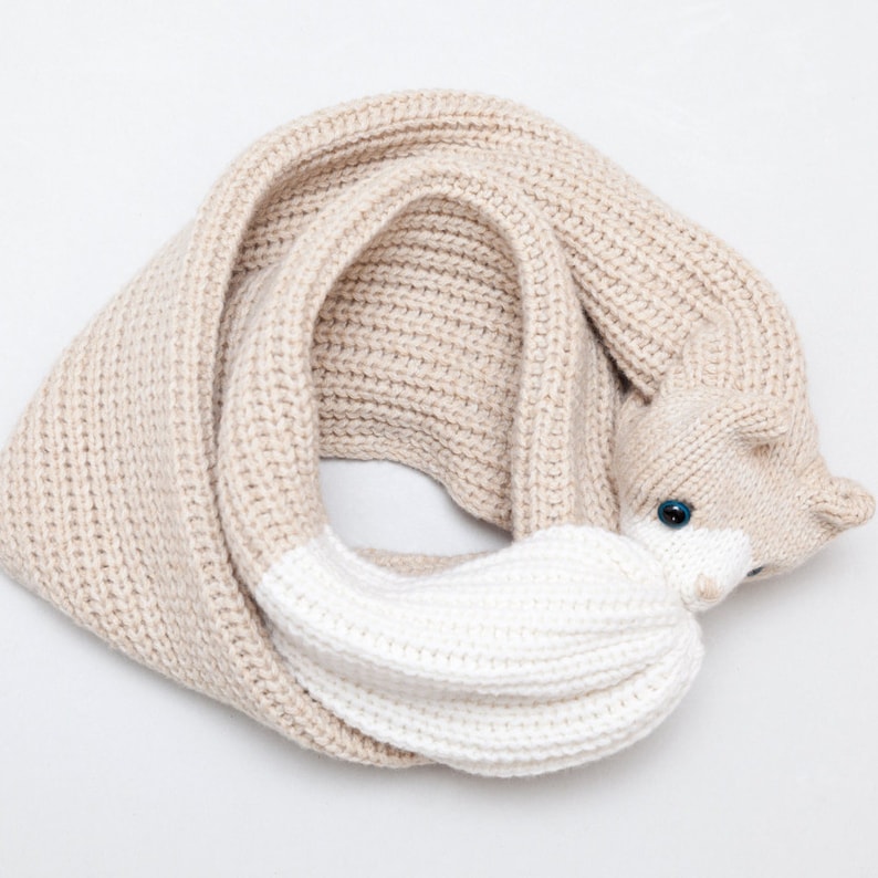 Cat Scarf Chunky Knit Scarf Featuring White and Beige image 1