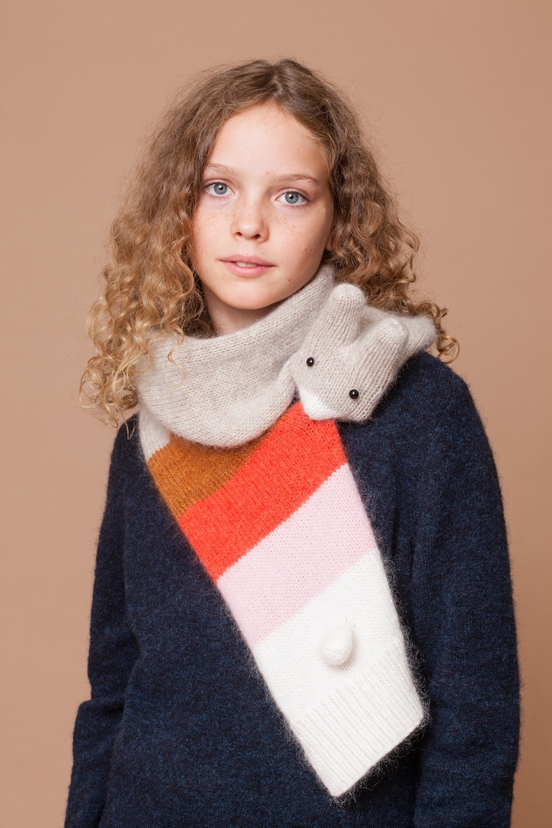 knitted rabbit scarf with stripes for children Red