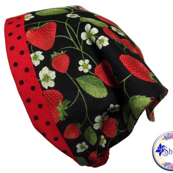 Head Scarf Headband, Strawberry Polka Dot Print Fabrics, Cottagecore, Country Chic, Kerchief Bandana Head Cover, Elastic Back, by Sheylily,