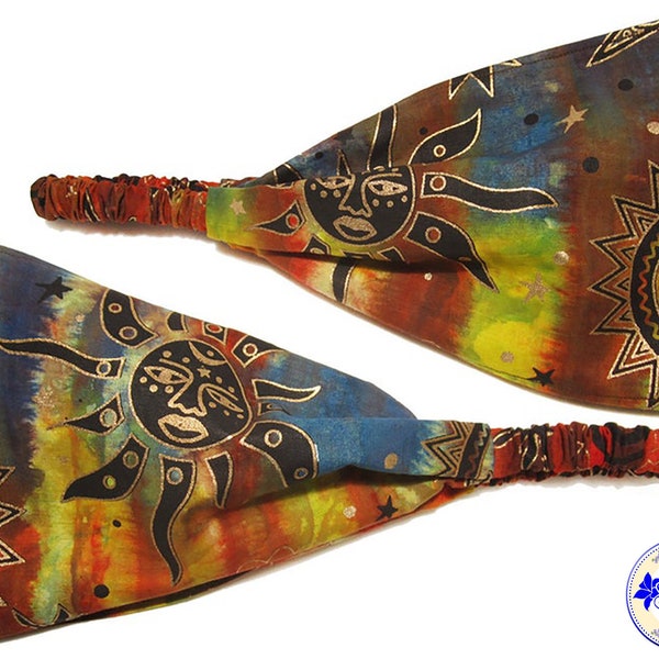 Hippie Headband for Women, Celestial Sun Moon and Stars Head Wrap, Wide Bandana for Adult, Earth Tone Batik, Elastic Back, by Sheylily