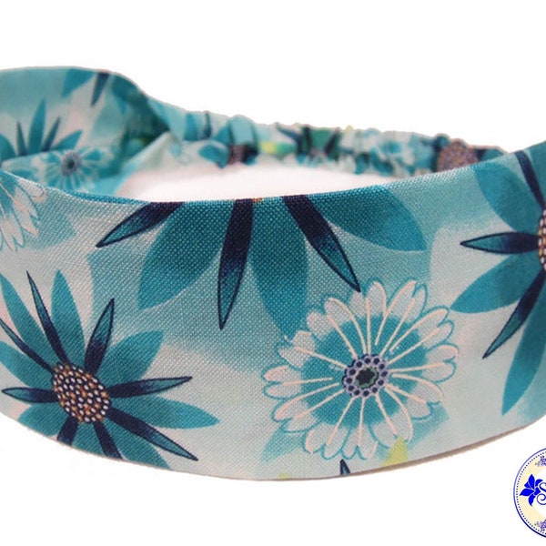 Aqua Blue Flower Headbands for Women, Floral Bandana for Teen, Headscarf for Adult, Thin 2 Inch Wide Top with Elastic Back, by Sheylily