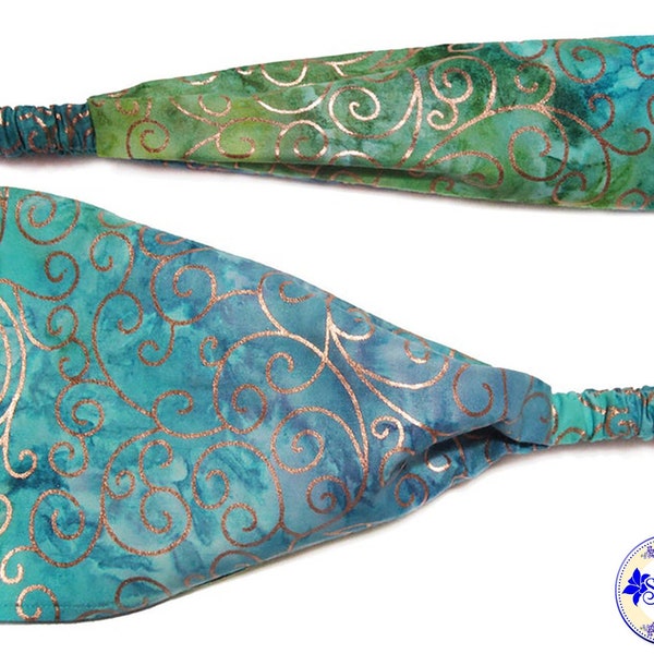 Hippie Headband for Women, Fancy Aqua Batik Bandana, Metallic Boho Head Scarf, Adult Head Wrap, 5 Inch Wide Top with Elastic, by Sheylily