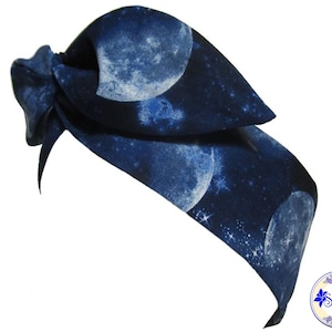 Luna Moon Wire Headband, Blue Lunar Cotton Fabric, Retro Inspired Bandana Head Wrap Head Scarf Turban, READY TO SHIP, by Sheylily