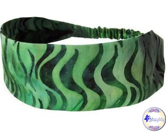 Hippie Headband for Women, Green Indonesian Cotton Batik Fabric, Bandana Hair Scarf with 2 Inch Wide Top and Elastic Back, by Sheylily