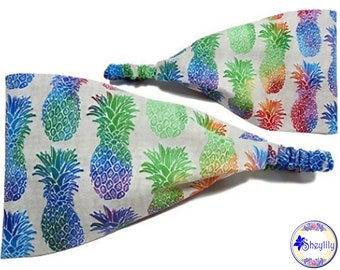 Pineapple Aloha Headbands for Women, Hawaiian Paradise Rainbow Print Fabric Bandana, Wide Head Scarf, Hair Band with Elastic Back, Sheylily