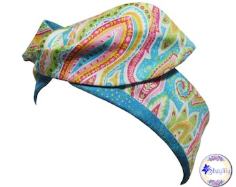 Aqua Blue Wire Headband for Women, Paisley and Dotted Print Fabrics, Pin Up Rockabilly Bandana Turband Head Scarf Hair Wrap Bow, by Sheylily