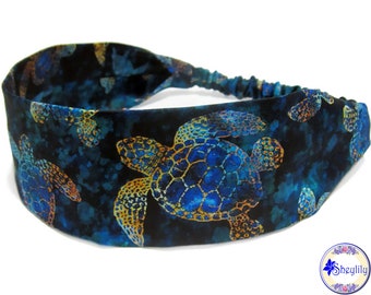 Sea Turtle Headband for Women, Blue Green Aqua Sea Turtle Print Fabric Bandana Head Scarf, Thin 2" Wide Top and Elastic Back, by Sheylily