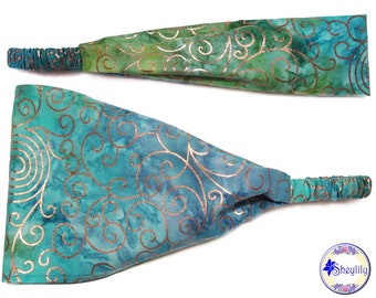 Hippie Headband for Women, Fancy Aqua Batik Bandana, Metallic Boho Head Scarf, Adult Head Wrap, 5 Inch Wide Top with Elastic, by Sheylily