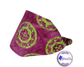 Bright Pink and Lime Green Mandala Hippie Head Band for Women, Batik Bandana Adult, 5 Inch Wide Top, Elastic Back, READY TO SHIP, Sheylily