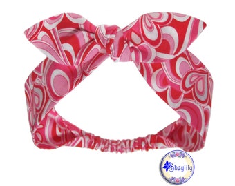 Red Pink and White Valentine Headbands for Adult Women, Heart Print Cotton Fabric Bandana, Tie On Head Scarf Candycore Aesthetic by Sheylily