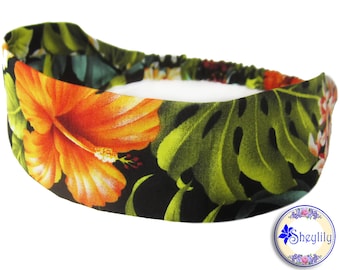 Hawaiian Headband for Adult, Orange Hibiscus Paradise Head Scarf, Tropical Hair Band, 2 Inch Narrow Top with Elastic Back, by Sheylily