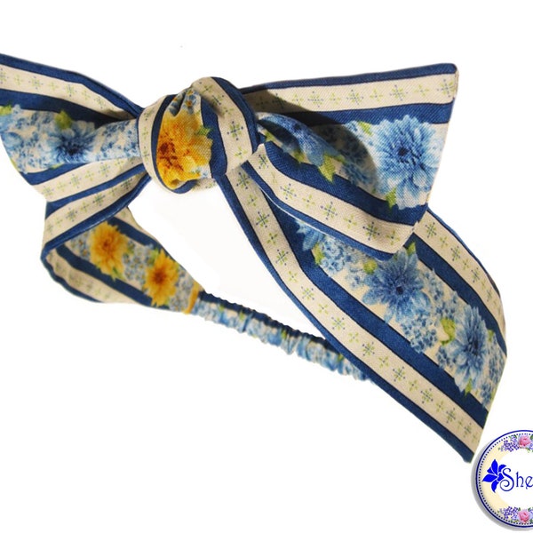 Tie On Headband Blue Yellow Floral Head Wrap Reversible Rockabilly Head Scarf 2" Wide Ties with Elastic Back for Adult Women by Sheylily