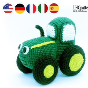 Haakpatroon: knuffel boerderijvoertuig, knuffel voertuig, amigurumi groene tractor, gehaakt boerderijspeelgoed