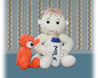 Crochet Pattern: Baby Ollie Doll in Diaper with Bottle and Little Bear Toy, Baby Doll, Baby Boy Doll, Amigurumi Baby Doll (English)
