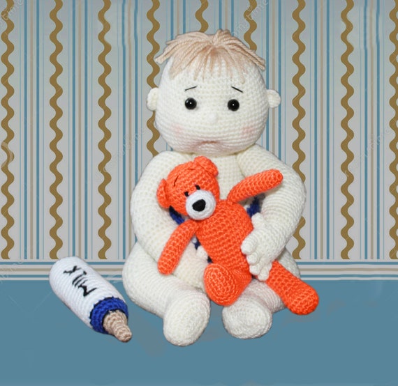 Crochet Pattern: Baby Ollie Doll in Diaper with Bottle and Little Bear Toy, Baby Doll, Baby Boy Doll, Amigurumi Baby Doll (English)