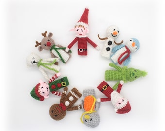 May include: A set of ten finger puppets featuring various Christmas characters, including an elf, reindeer, snowman, penguin, gingerbread person, and a Grinch. The puppets are all crocheted and have bright colors.
