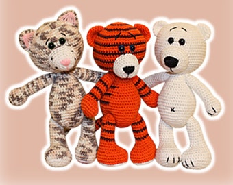 Tiger,  Cat and White Bear Crochet Pattern, Crochet Animal Pattern, Teddy Crochet Pattern