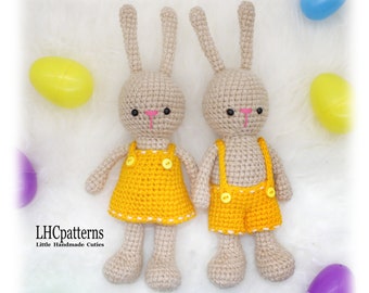 Crochet Pattern: Yellow Easter Bunnies, Pair of Bunnies, Bunny Boy Bunny Girl Soft Toy,  Amigurumi Bunny in Yellow Clothes (English)