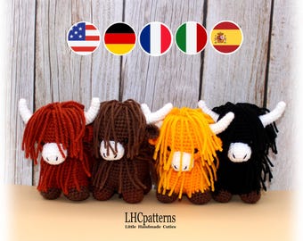 Crochet Pattern: Highland Cow, Heilan Coo Toy, Amigurumi Hairy Cow, Crochet Highland Cattle (English, German, Spanish, Italian and French)