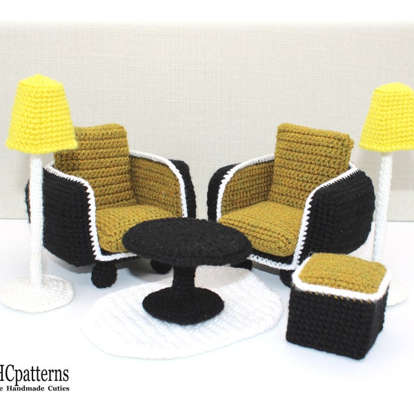 Modèle au crochet : ensemble de meubles de poupée, fauteuil de poupée, table de poupée, repose-pieds de poupée, tapis de poupée, lampadaire de poupée, ensemble de meubles miniatures (anglais)