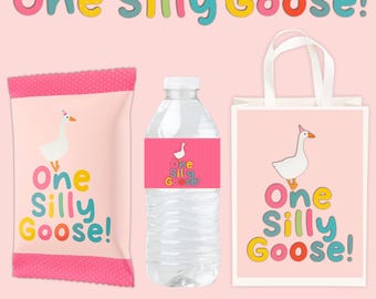 Bundel One Silly Goose-feestartikelen | Op maat gemaakte Silly Goose-decoraties | Inbegrepen: zak chips, waterflesetiketten en cadeauzakje