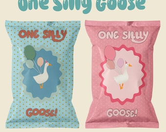 May include: Two colorful snack bags with the text "One Silly Goose". One bag is light blue with gold polka dots and a goose graphic holding balloons. The other bag is pink with white polka dots and a goose graphic holding balloons.