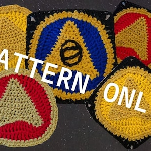 May include: Four crocheted squares with different designs in yellow, red, blue, and black. The squares are on a black background with white stars. The text "PATTERN ONLY" is superimposed on the image.