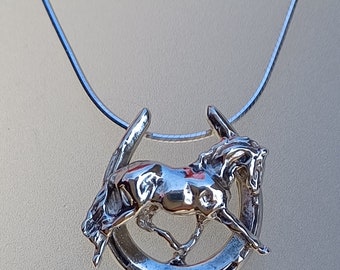 Trotting Horse in horseshoe  pendant & chain  sterling silver  Forge Hill Sculpture Zimmer jewelry