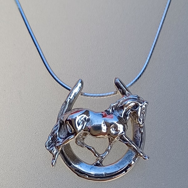 Trotting Horse in horseshoe  pendant & chain  sterling silver  Forge Hill Sculpture Zimmer jewelry